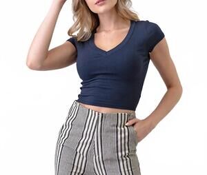 NEW HASHTAG crop v-neck short sleeve top in navy